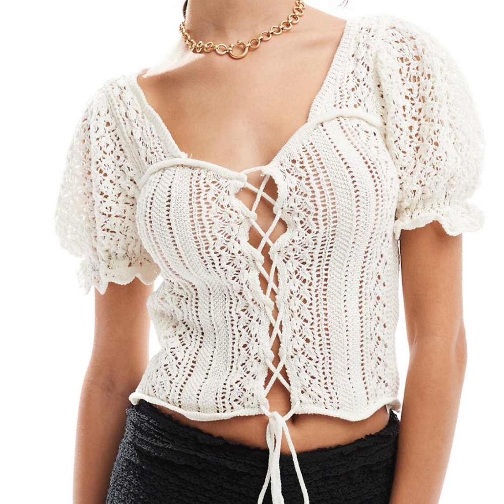 ASOS lace up stitched top with puff sleeves